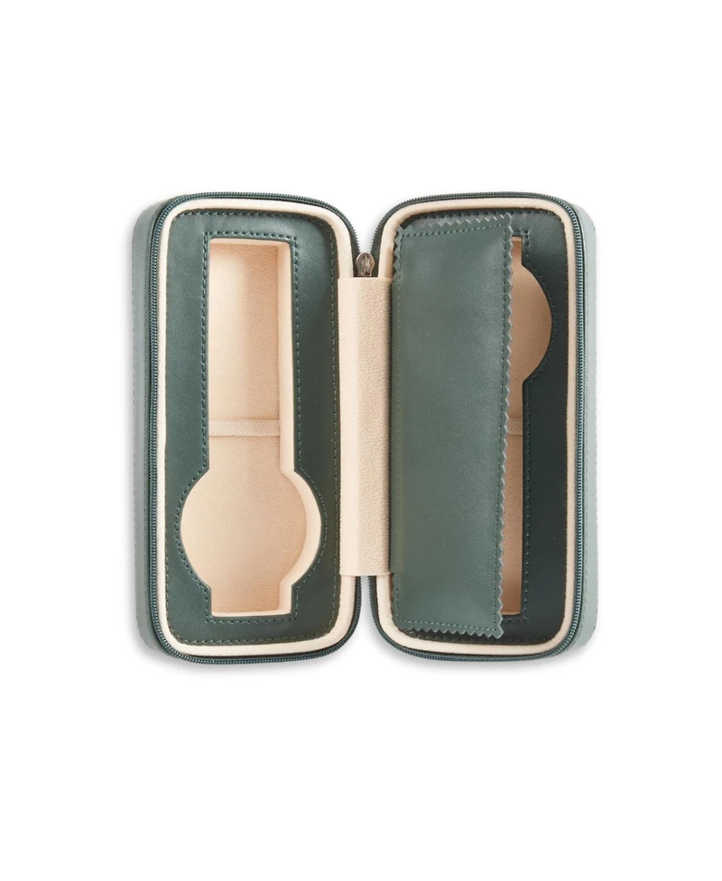 Bey-Berk Leather Two Watch Travel Case with Form Fit Compartments, Center Divider to Prevent Watches from Touching and Zipper Closure.