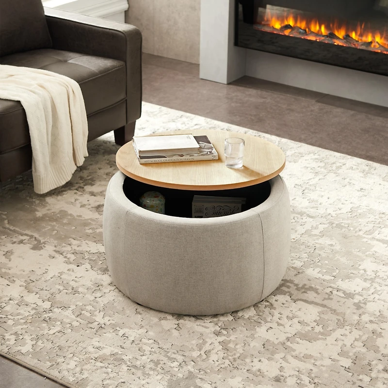 Round Storage Ottoman, 2 in 1 Function, Work as End Table and Ottoman