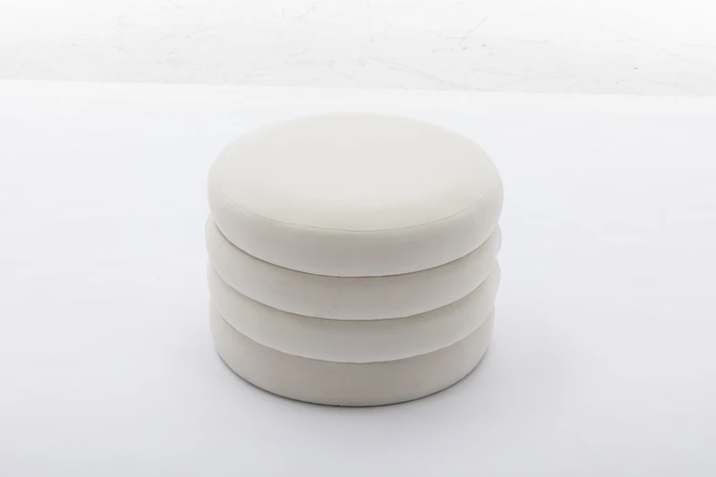 Streamdale Furniture Velvet Fabric Storage Round Ottoman Footstool With Wooden Shelving, Ivory