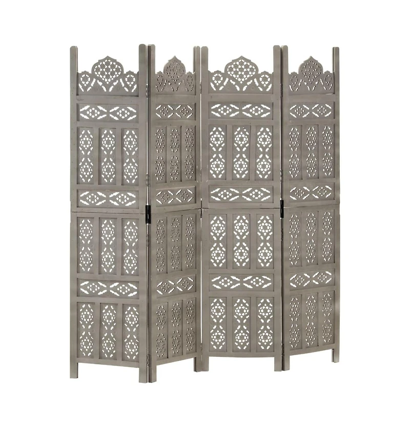 vidaXL Hand carved 4-Panel Room Divider Gray 63"x65" Solid Mango Wood