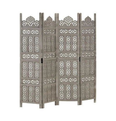 vidaXL Hand carved 4-Panel Room Divider Gray 63"x65" Solid Mango Wood