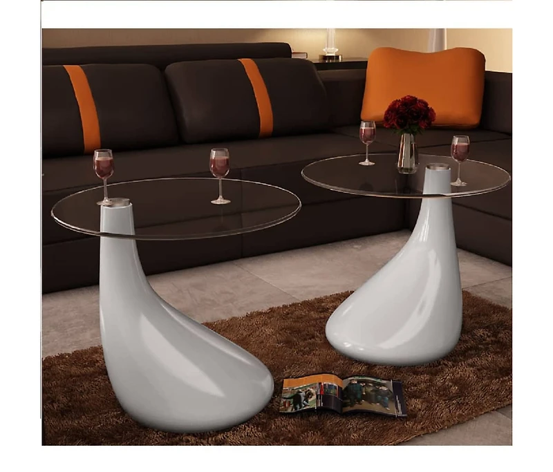 Coffee Tables 2 pcs with Round Glass Top High Gloss White