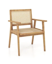 1 Pcs Outdoor Wood Chair Teak Wood Armchair with Rattan Seat & Back Patio Chair for Porch