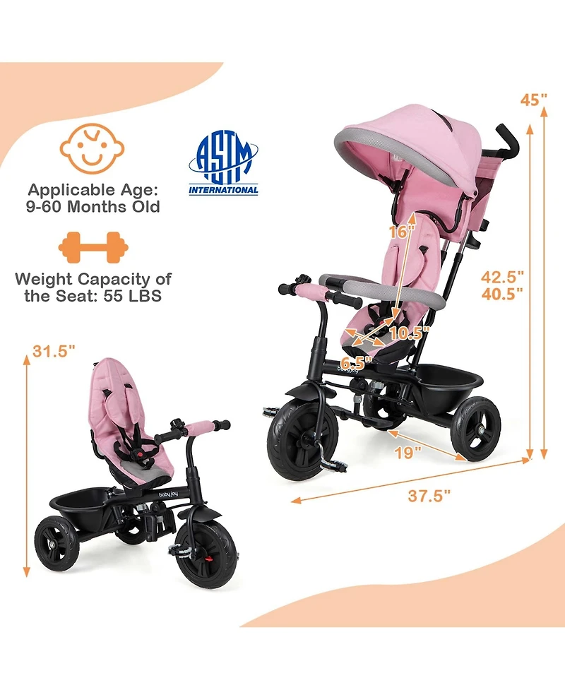 Costway Toddler 4-in-1 Multifunctional Tricycle Trike with Removable Canopy & Push Handle