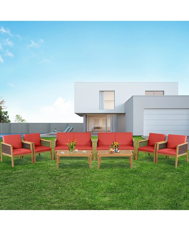 Gymax 8PCS Patio Acacia Wood Furniture Set Pe Rattan Conversation Set w/ Red Cushions