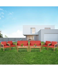 Gymax 8PCS Patio Acacia Wood Furniture Set Pe Rattan Conversation Set w/ Red Cushions