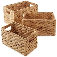 Casafield Set of 3 Water Hyacinth Storage Baskets with Handles - Small, Medium, and Large Woven Nesting Storage Bin Organizers for Shelves - Natural