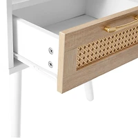 Simplie Fun Rattan End table with drawer and solid wood legs, Modern nightstand, side table for living room, bedroom, white