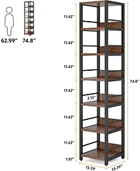 Tribesigns 6-Tier Corner Shelf, 75 Inch Tall Narrow Bookshelf Storage Rack, Etagere Shelves Display Stand for Small Spaces, Rustic Open Bookcase Squar