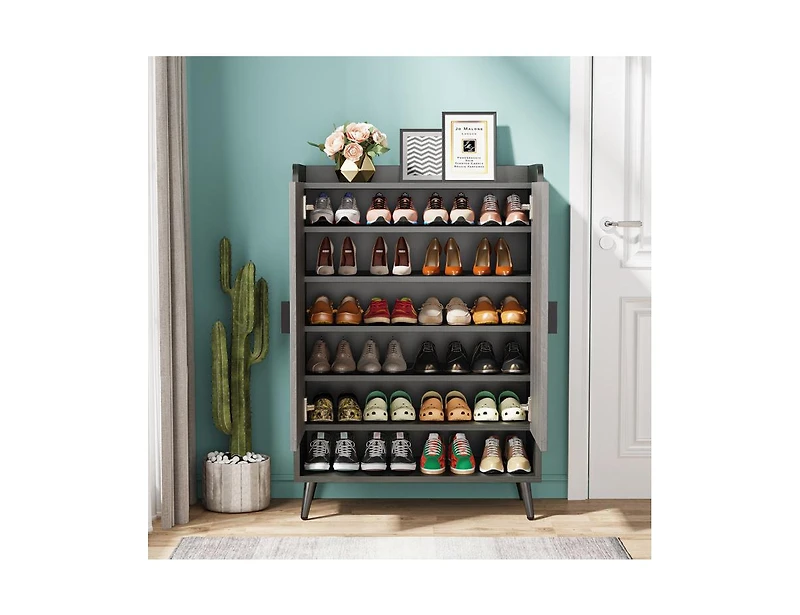 Tribesigns Shoe Cabinet with Adjustable Shelves and Doors, Entryway Shoe Storage Cabinet, Gray/Black