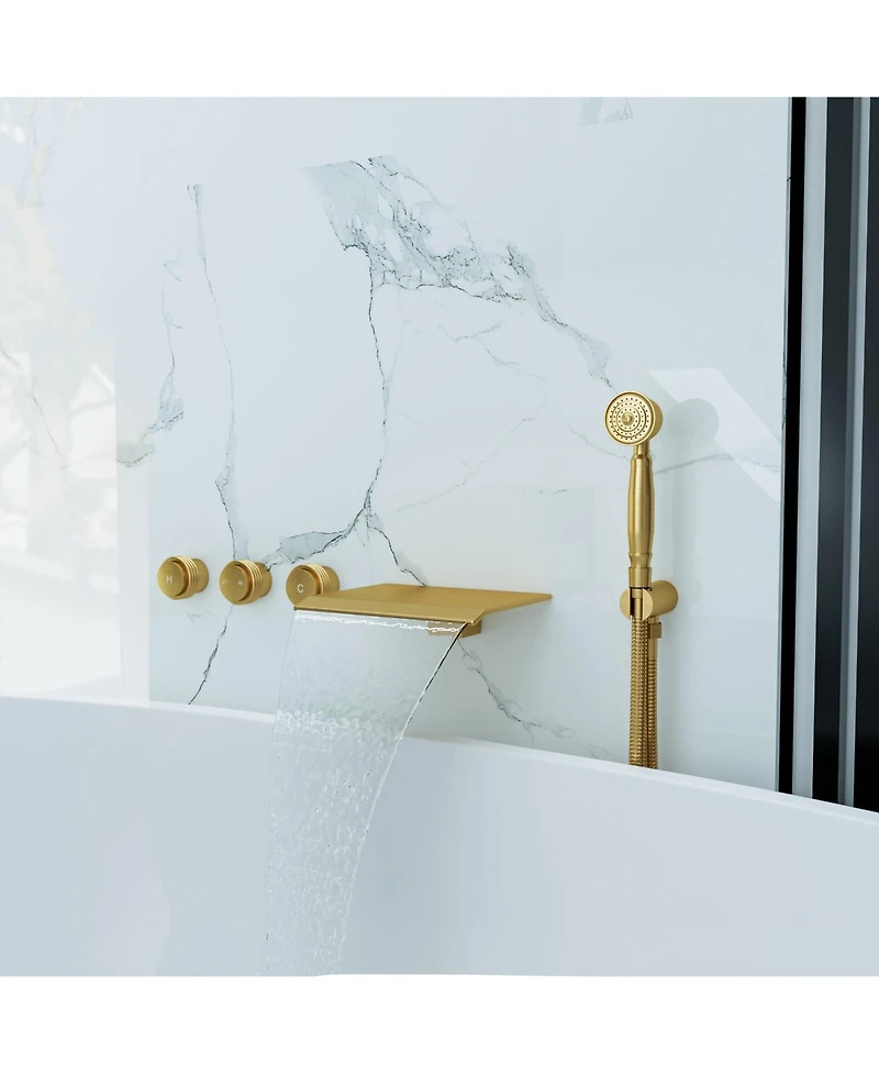 Mondawe 3-Handle Waterfall Wide-Spray High Pressure Tub and Shower Faucet Matte Black With Valve