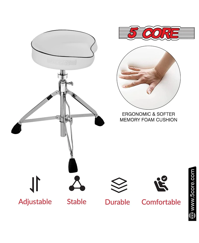 5 Core Drum Throne Padded Guitar Stool Swivel Height Adjustable Ergonomic Music Chair For Adults And Kids w Anti Slip Rubber Feet - Ds Ch Wh Sdl Hd