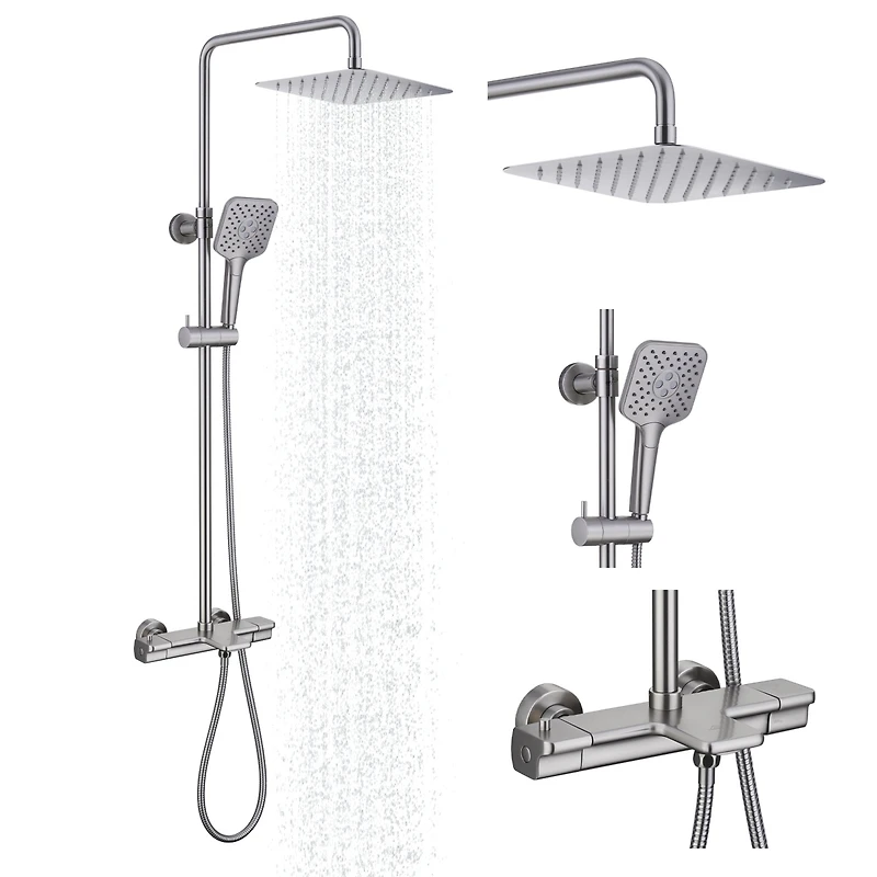 Casainc Thermostatic 9.8" Square Shower System with 3 Spray Modes Hand Shower