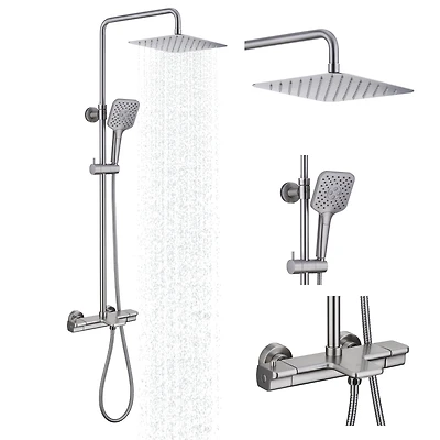 Casainc Thermostatic 9.8" Square Shower System with 3 Spray Modes Hand Shower