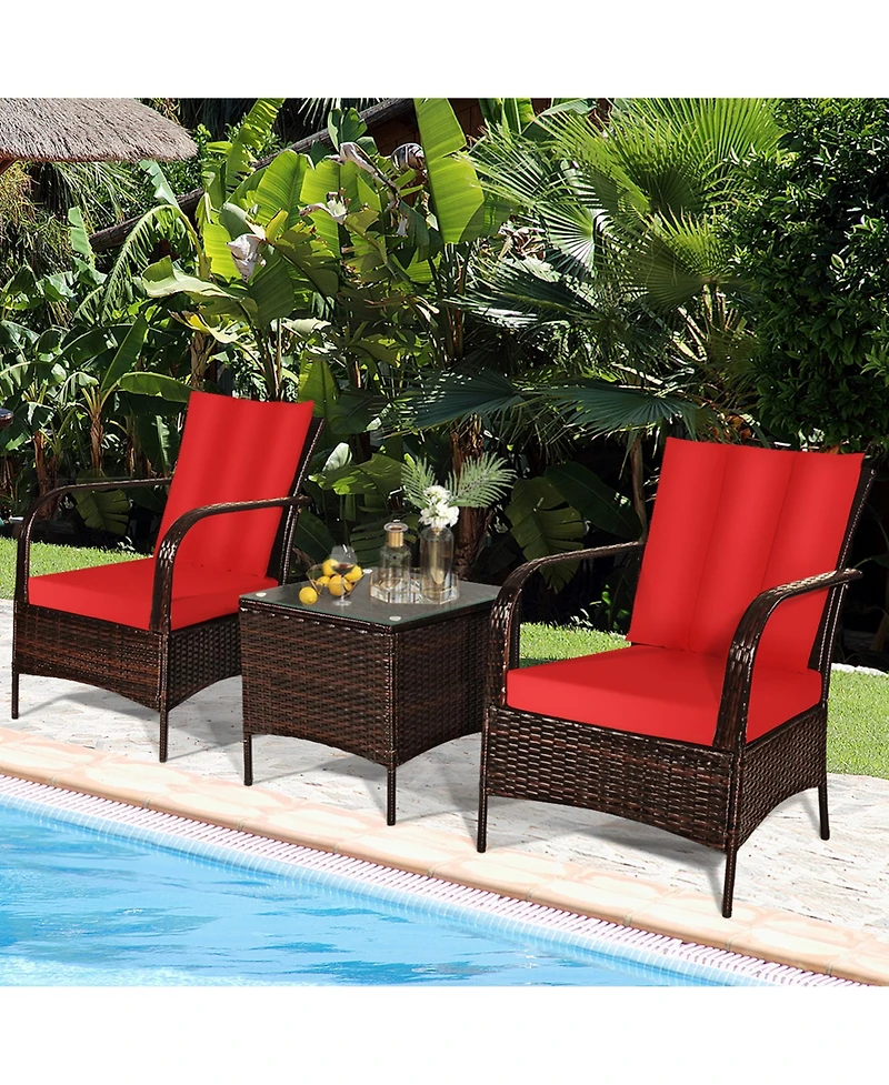 Gymax 3PCS Patio Rattan Conversation Set Outdoor Furniture Set w/Table