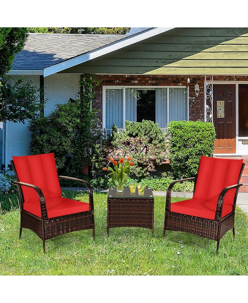 Gymax 3PCS Patio Rattan Conversation Set Outdoor Furniture Set w/Table