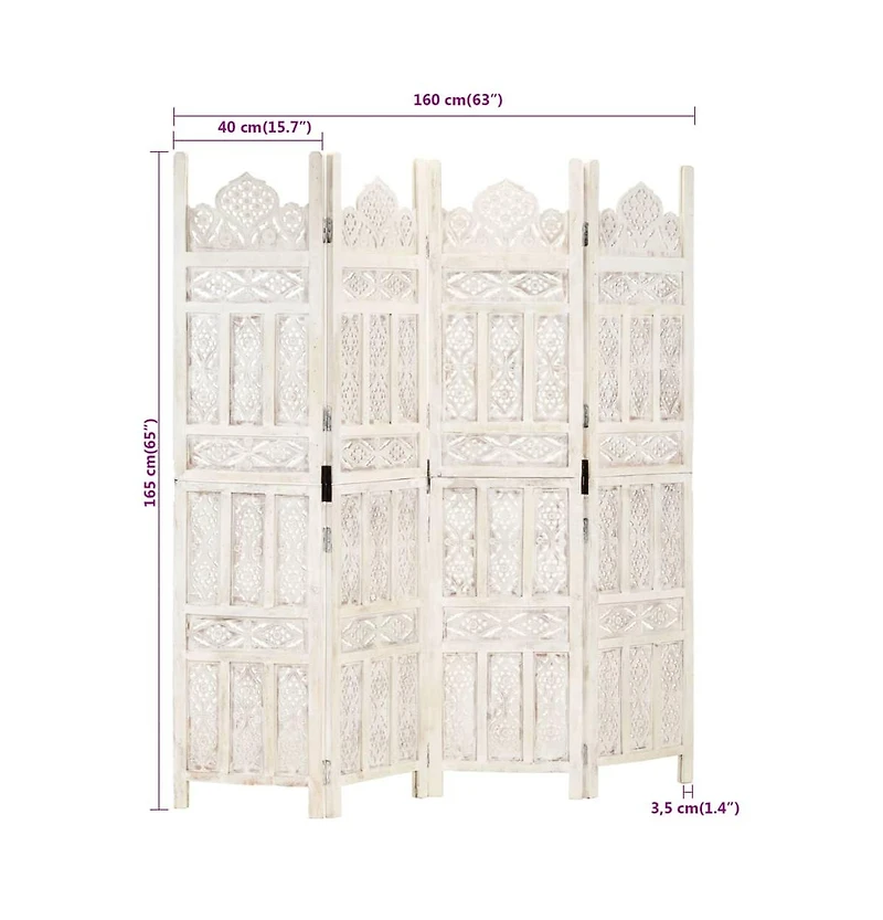 vidaXL Hand carved 4-Panel Room Divider White 63"x65" Solid Mango Wood