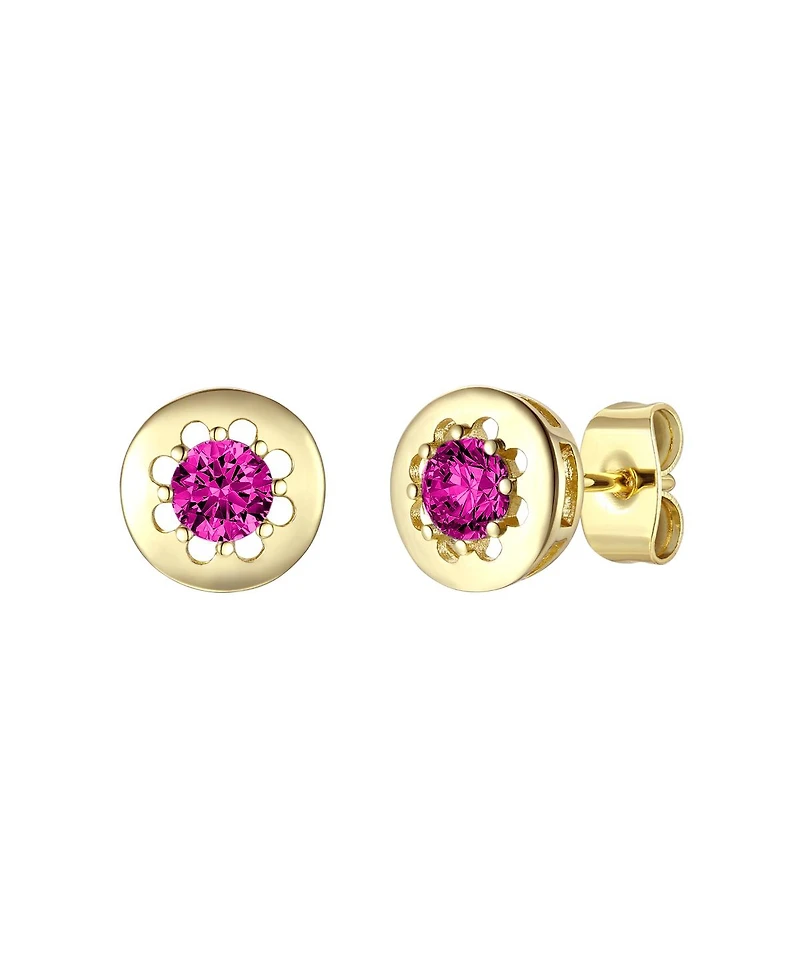 14k Gold Plated with Red Cubic Zirconia Round Solitaire Bezel Stud Earrings