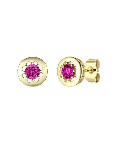 14k Gold Plated with Red Cubic Zirconia Round Solitaire Bezel Stud Earrings