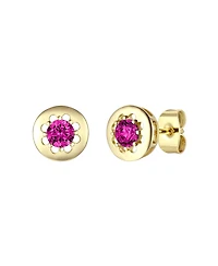 14k Gold Plated with Red Cubic Zirconia Round Solitaire Bezel Stud Earrings