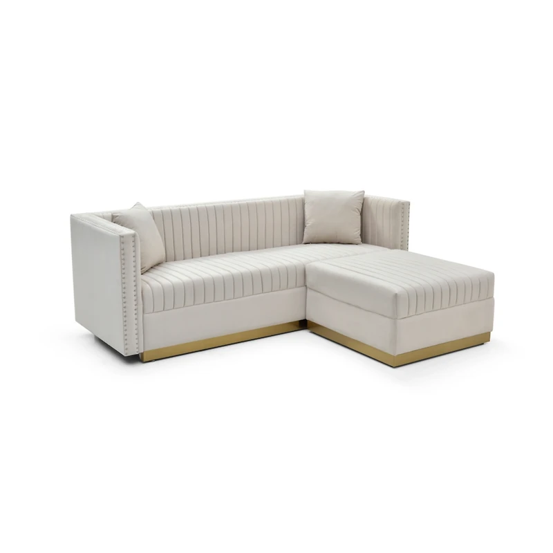 Streamdale Furniture Big Beige Velvet Ottoman with Vertical Tufting