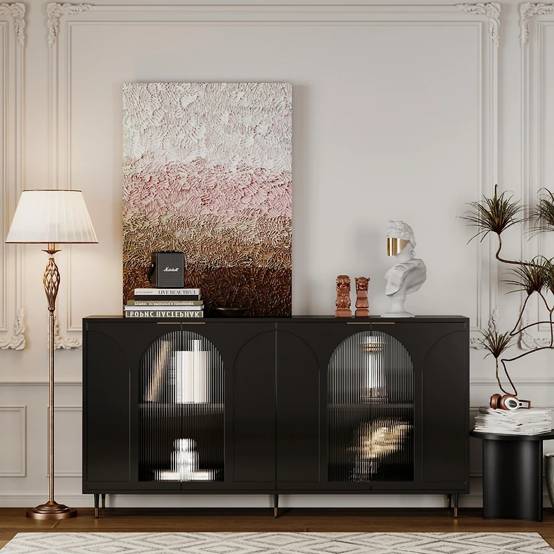 Black Lacquered Wooden Accent Cabinet with Glass Doors, 4-Door Storage Buffet