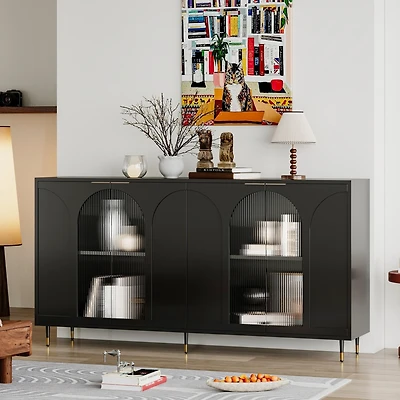 Black Lacquered Wooden Accent Cabinet with Glass Doors, 4-Door Storage Buffet