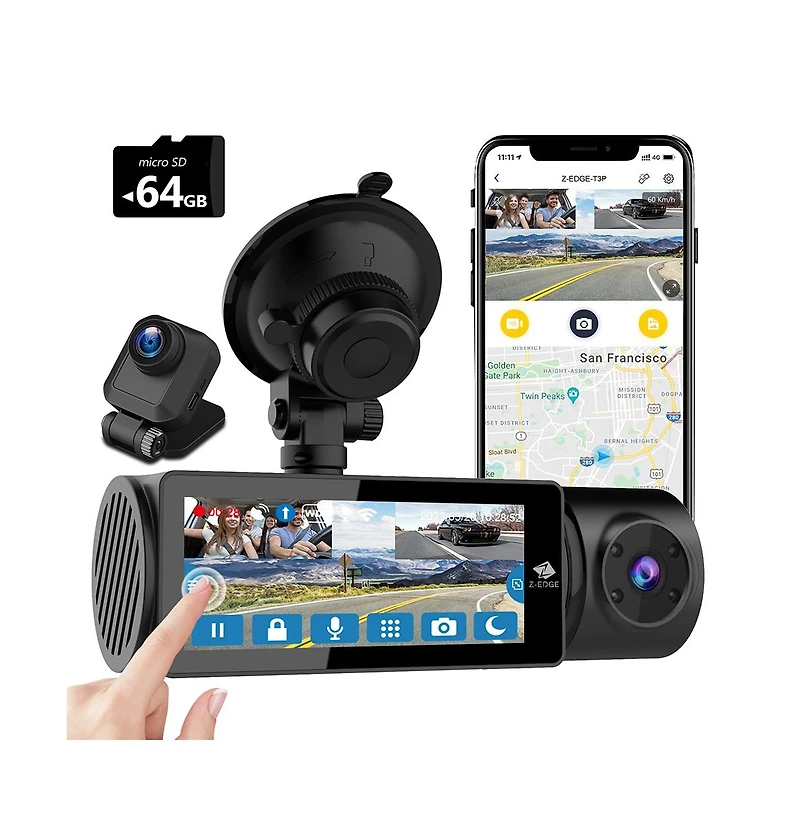 Z-edge T3P 3 Channel 4K Dash Camera, Front + Rear + Cabin 3 Ch Recording, Ips Touch Screen Ir Night Vision & Super Capacitor, with 64GB Tf Card