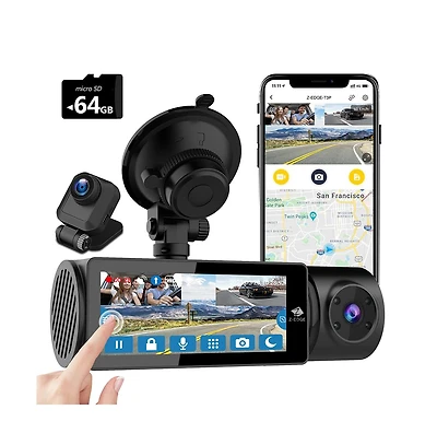 Z-edge T3P 3 Channel 4K Dash Camera, Front + Rear + Cabin 3 Ch Recording, Ips Touch Screen Ir Night Vision & Super Capacitor, with 64GB Tf Card