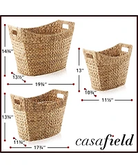 Casafield Set of 3 Oval Baskets with Handles - Natural, Water Hyacinth Woven Storage Totes for Blankets, Laundry, Bathroom, Bedroom, Living Room