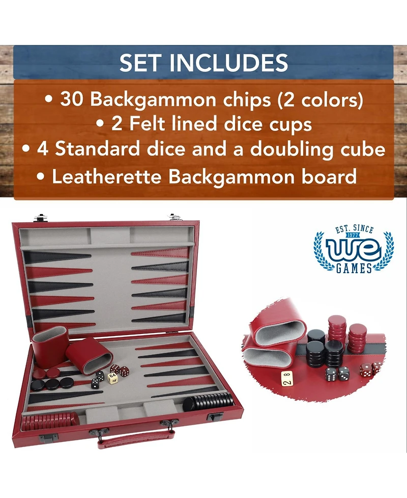 We Games Burgundy/Black Leatherette Backgammon Set, 18 x 11 in. closed