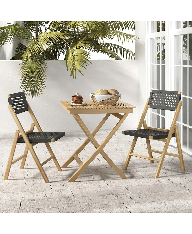 Costway 2 Piece Patio Folding Chairs with Woven Rope Seat & High Back Teak Wood for Porch