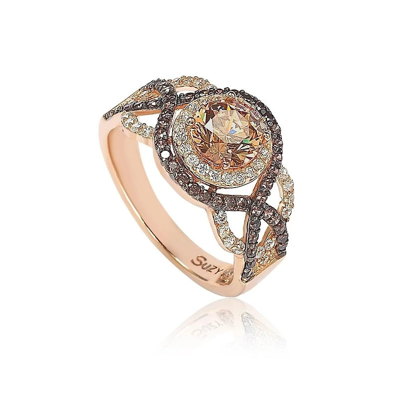 Suzy Levian Sterling Silver Cubic Zirconia Braided Halo Brown Bridal Center Stone Ring