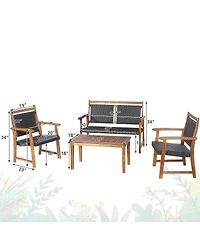 Gymax 4PCS Patio Acacia Wood Conversation Set Outdoor Rattan Furniture Set