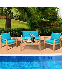 Gymax 8PCS Patio Acacia Wood Conversation Furniture Set w/ Turquoise Cushions