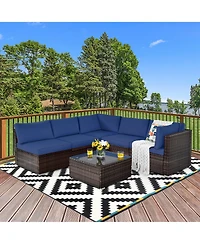 Gymax 6PCS Rattan Outdoor Sectional Sofa Set Patio Furniture Set w/ Navy Cushions