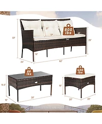 Gymax 3PCS Patio Rattan Sectional Conversation Furniture Set w/ Off White Cushions
