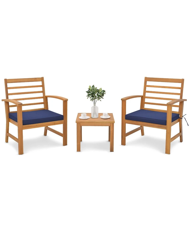 3 Pcs Outdoor Furniture Set Acacia Wood Conversation with Soft Seat Cushions