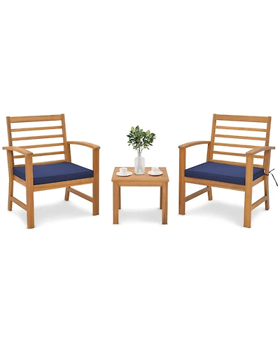 3 Pcs Outdoor Furniture Set Acacia Wood Conversation with Soft Seat Cushions