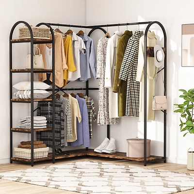 Tribesigns L-Shaped Garment Rack with Shelves, Heavy Duty Corner Clothes Rack with Coat Hooks, Anti-toppling Device, Cloth Hanger Standing Clothing Ra