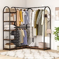 Tribesigns L-Shaped Garment Rack with Shelves, Heavy Duty Corner Clothes Rack with Coat Hooks, Anti-toppling Device, Cloth Hanger Standing Clothing Ra
