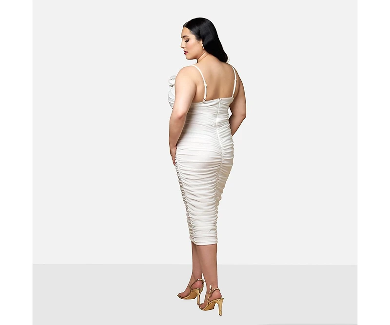 Rebdolls Women's Plus Orchid Mesh 3D Flower Midi Bodycon Dress