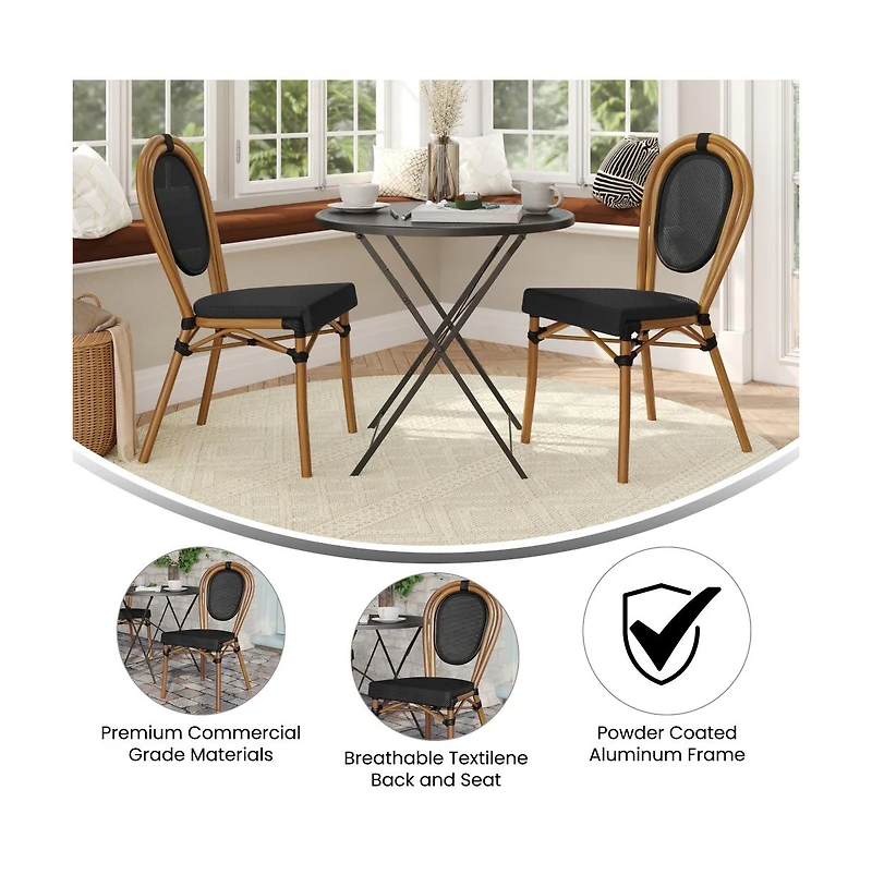 Merrick Lane Mael Set Of Two Stacking Thonet Bistro Style Chair With Textilene Seat And Bamboo Finished Metal Frame For Indoor/Outdoor Use