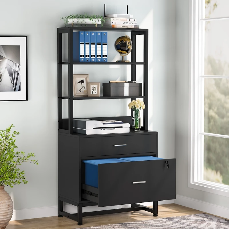 Tribesigns 2 Drawer Vertical File Cabinet with Lock & Bookshelf, Letter Large Modern Filing Printer Stand Open Storage Shelves for H