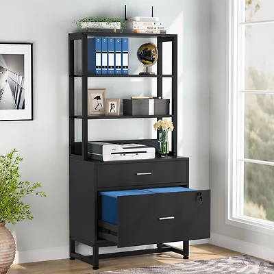 Tribesigns 2 Drawer Vertical File Cabinet with Lock & Bookshelf, Letter Large Modern Filing Printer Stand Open Storage Shelves for H