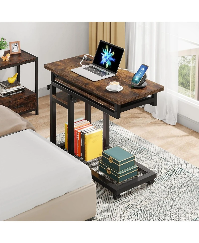 Tribesigns Small Portable Desk with Power Outlet, Height Adjustable Sofa Couch Bedside Laptop Table Wheels, Mobile Standing Rolling Computer