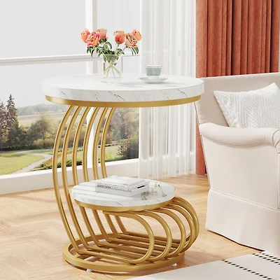 Tribesigns Round End Table: 2 Tiers Faux Marble Side Table with Storage Shelf, Bedside Nightstand, Metal Arc-Shaped Frame Accent Table