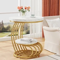 Tribesigns Round End Table: 2 Tiers Faux Marble Side Table with Storage Shelf, Bedside Nightstand, Metal Arc-Shaped Frame Accent Table