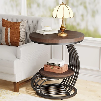 Tribesigns Round End Table: 2 Tiers Faux Marble Side Table with Storage Shelf, Bedside Nightstand, Metal Arc-Shaped Frame Accent