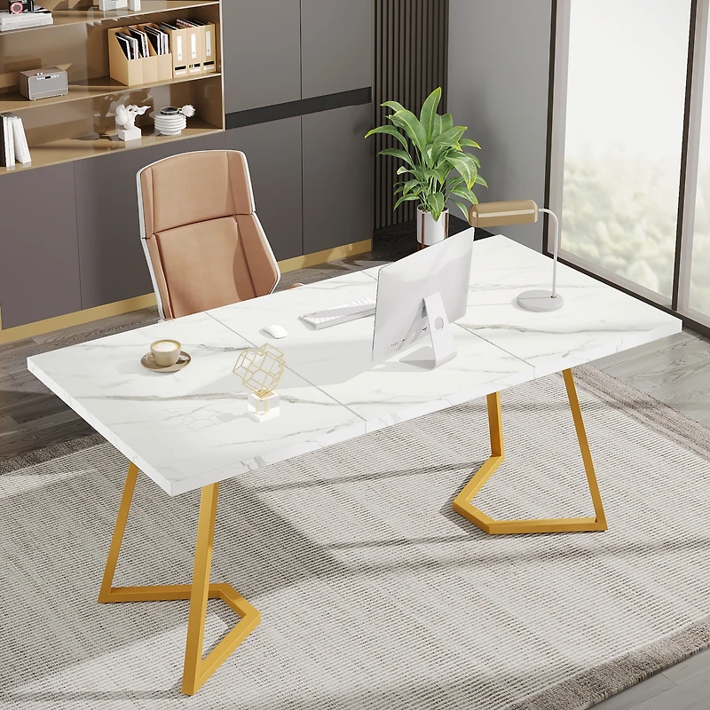 Tribesigns Modern Gold Computer Desk: 55 Inches White and Gold Home Office Desk with Metal Legs, Faux Marble Study Writing Table for Small Spaces, Sim